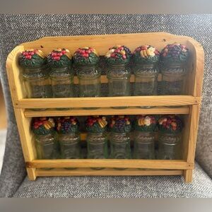 Vintage Spice Rack with Glass Containers & Decorative Tops - NEW and never used
